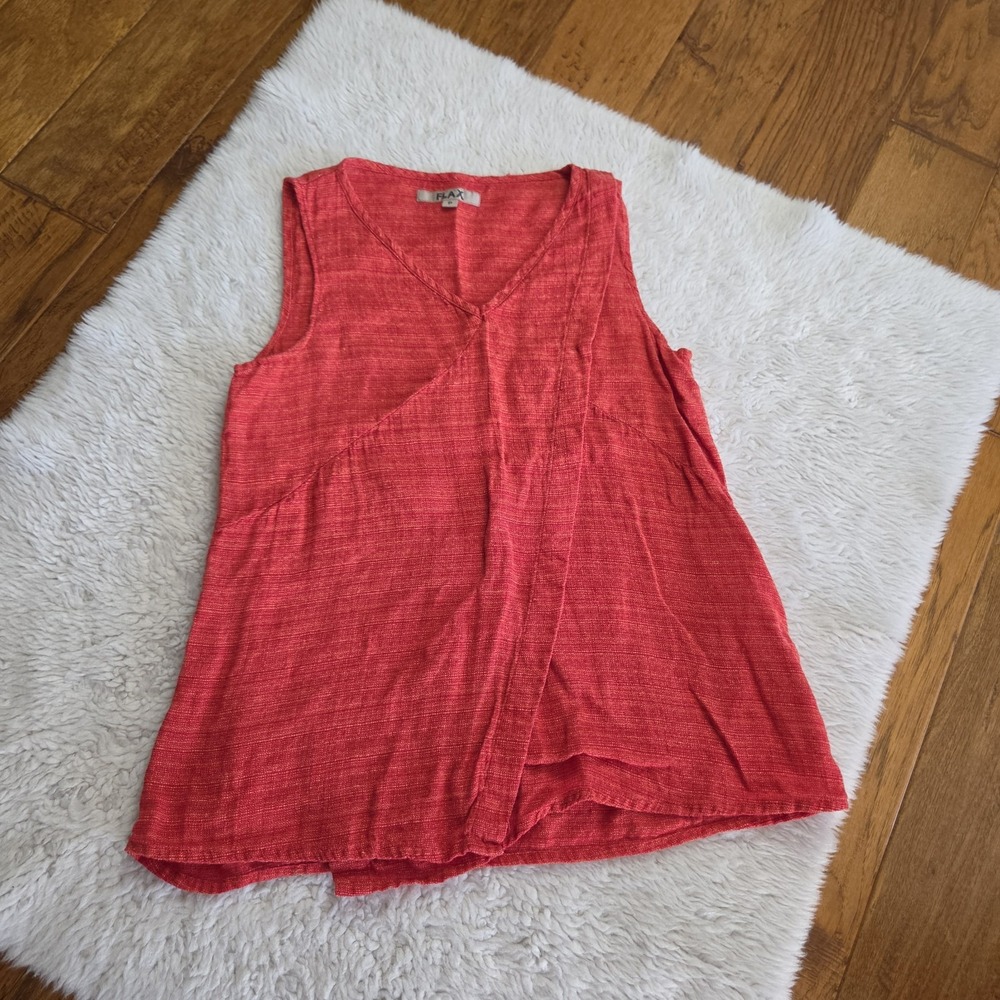 Flax 100% Linen Sleeveless Tunic Top Shirt Women's P / 4-6 Red Orange Open Front